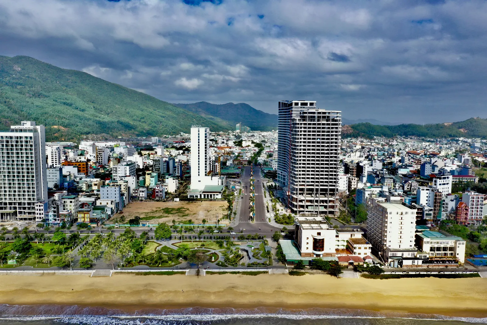Aerial drone photo of a Vietnamese coastal city